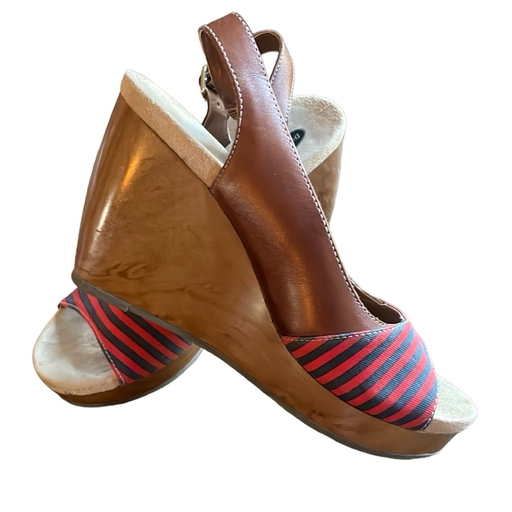 Dr. Scholl's Brown Leather Wedge Sandals with Red and Blue Striped Toe